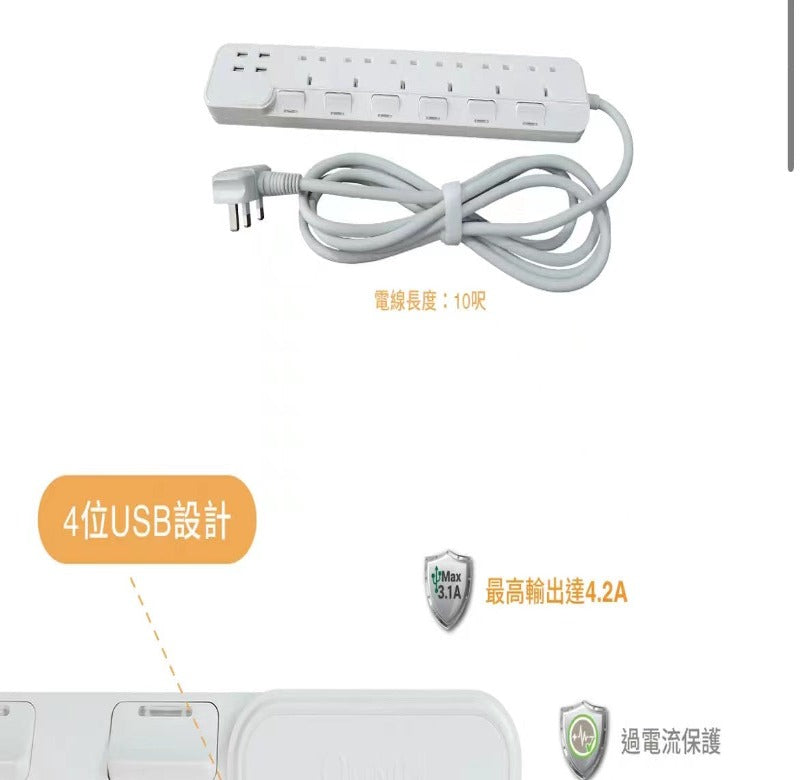 OMNI6位13A連4位USB（4.2A）獨立開關安全拖板 10呎線（3.3m）